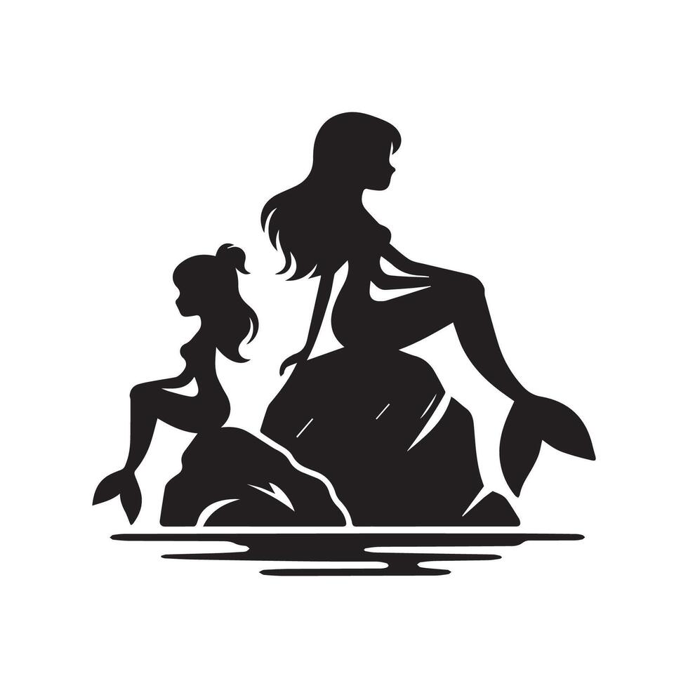 Mermaids sitting on a rock silhouette on white background. vector