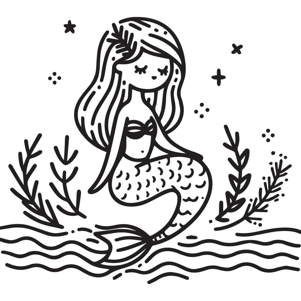 Minimalist Mermaid coloring page for children. Cute mermaid coloring page . vector