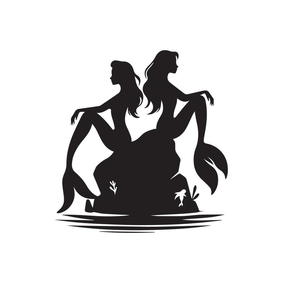Two mermaid sitting on a rock silhouette on white background. vector