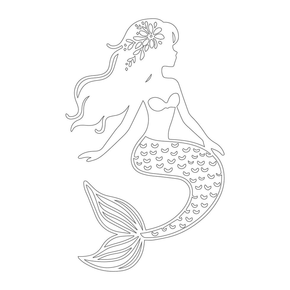 Mermaid coloring page for children. Mermaid outline on white background. vector