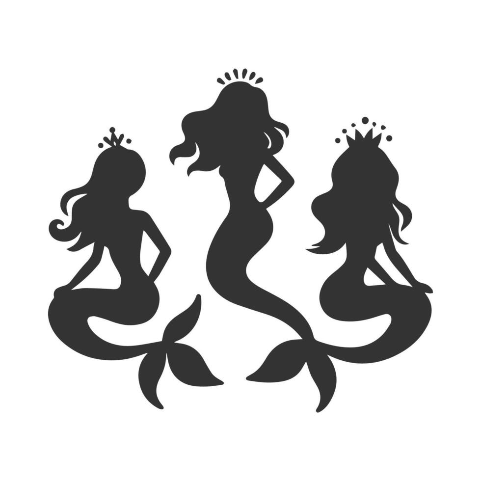 Mermaids sitting pose silhouette on white background. Cute mermaid icon . vector