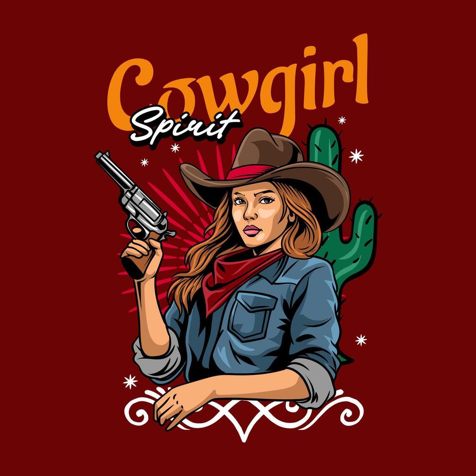 Cowgirl Spirit holding Gun in Western Vintage Illustration for poster, flyer, social media, web pages, print media, greeting card, invitation, banner, t-shirt design vector