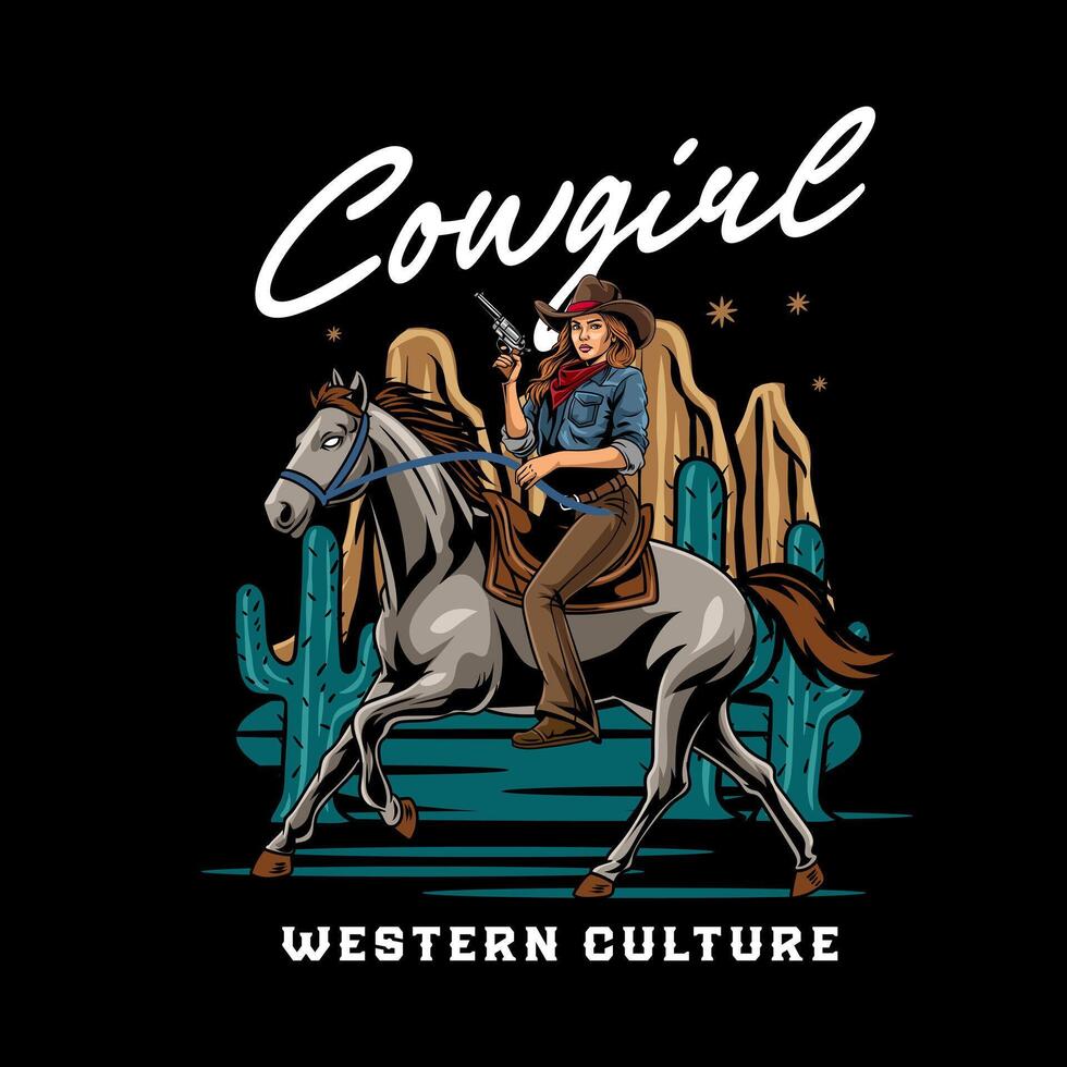 Cowgirl Western Culture Riding Horse Illustration for poster, flyer, social media, web pages, print media, greeting card, invitation, banner, t-shirt design vector