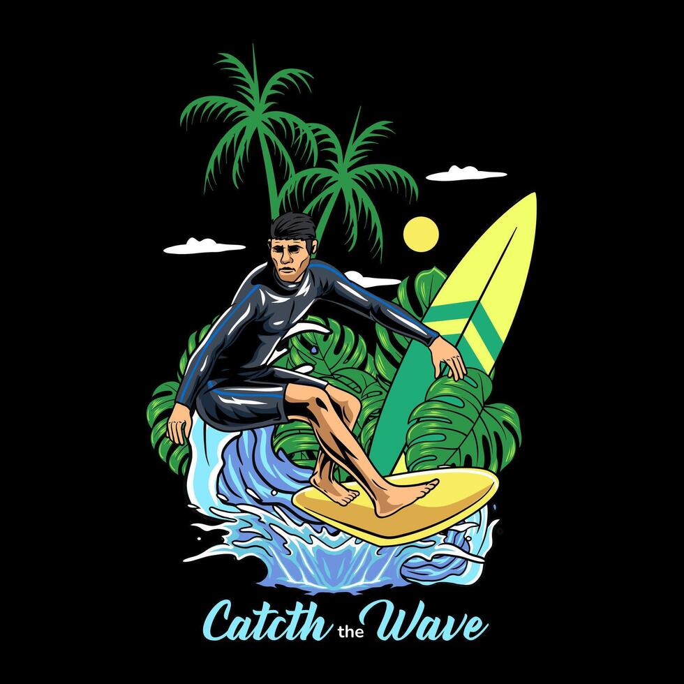 Surfing Man Hawaii Island Character Illustration for sticker, badge, patch, banner, greeting card, invitation vector