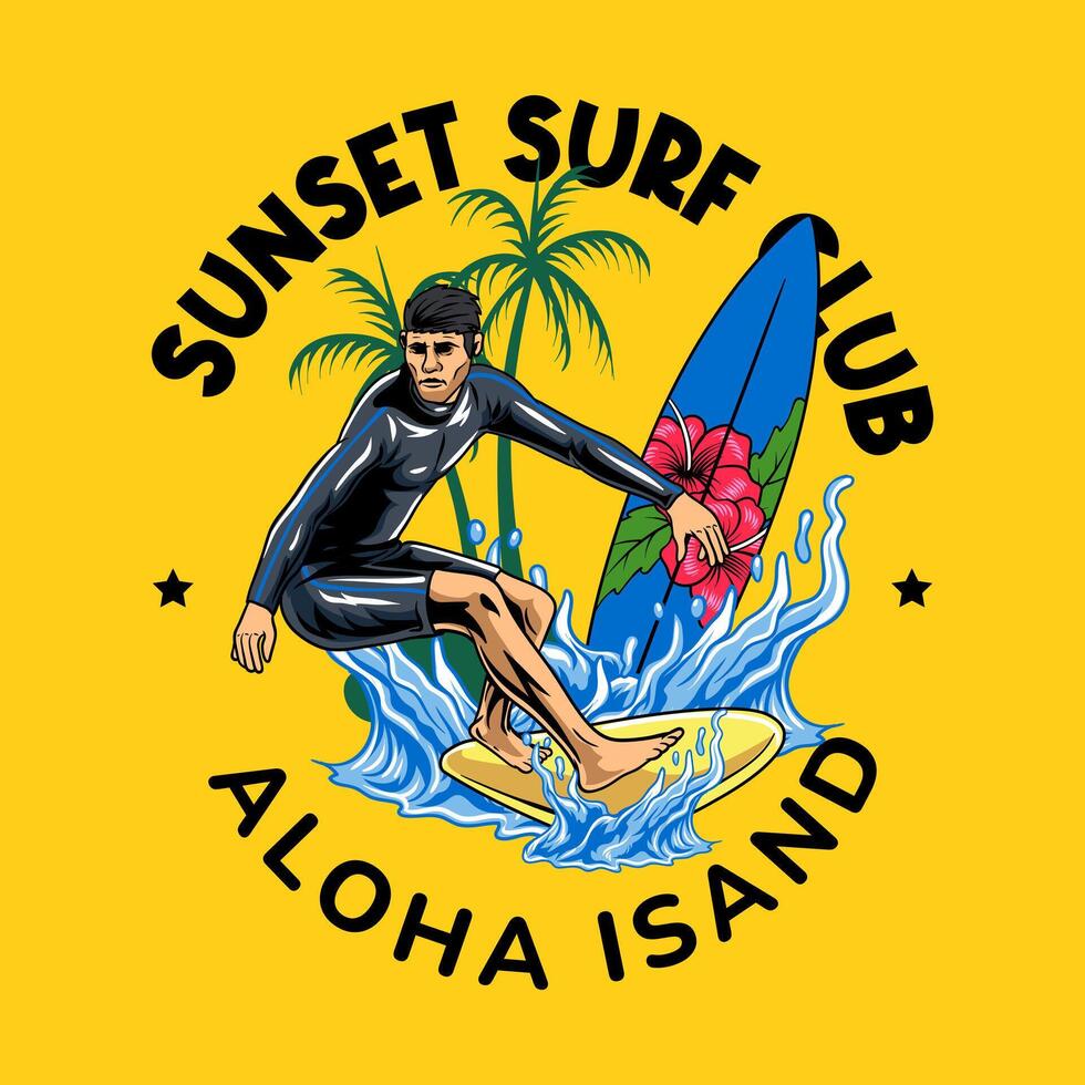 Man surfing in Aloha Hawaii Beach Mascot Cartoon Character Illustration vector