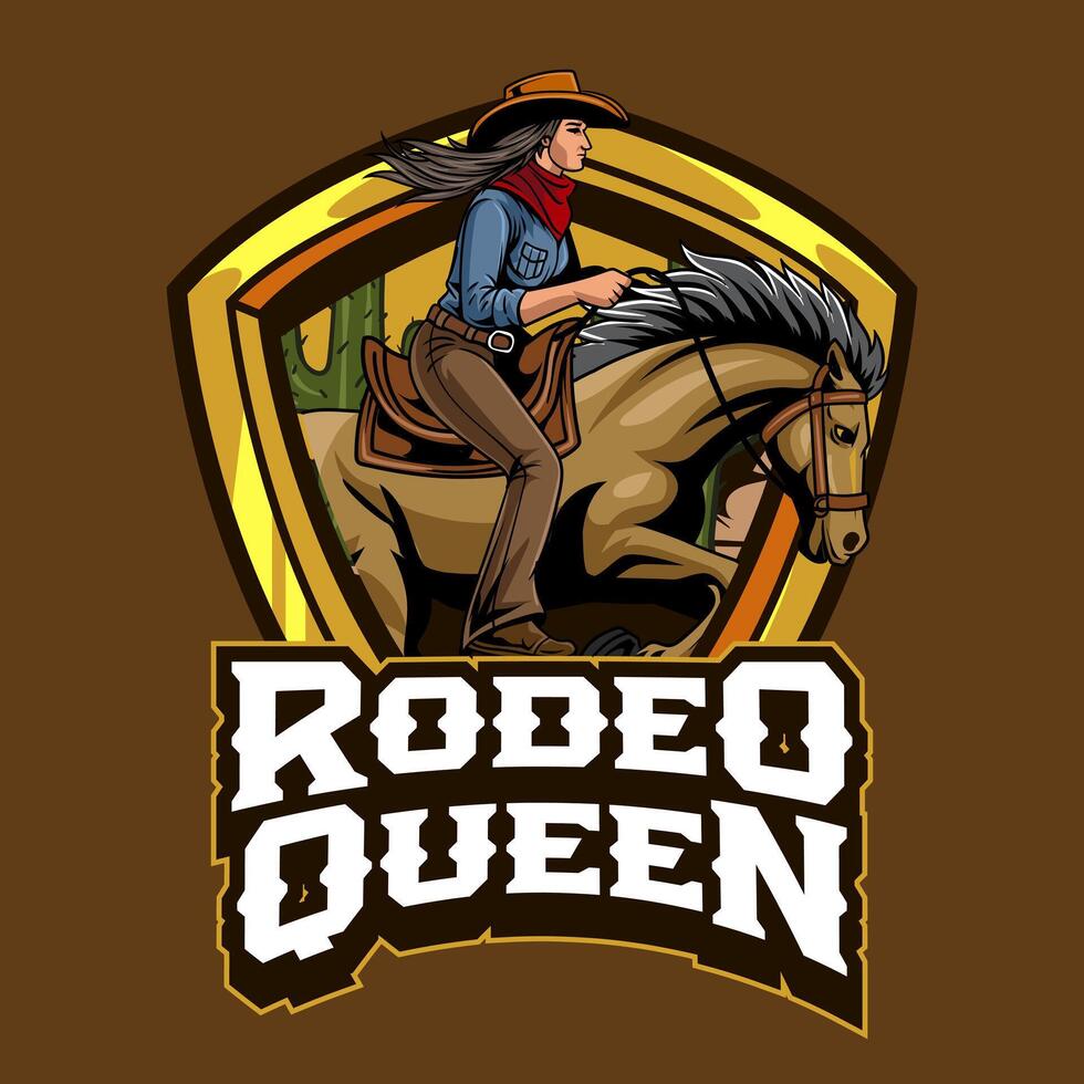 Cowgirl riding horse in Badge Logotype Illustration for flyer, social media, web pages, print media, greeting card, invitation, banner, t-shirt design vector