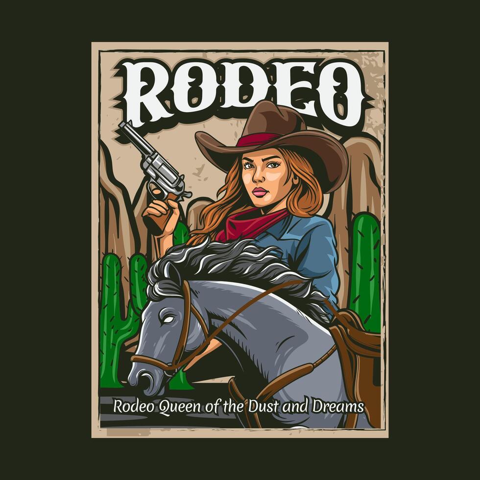 Cowgirl holding Gun and Horse in Western Vintage Illustration for poster vector