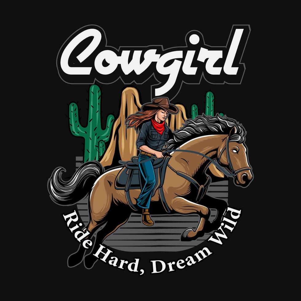 Cowgirl Riding Horse in Western Illustration for poster, flyer, social media, web pages, print media, greeting card, invitation, banner, t-shirt design vector