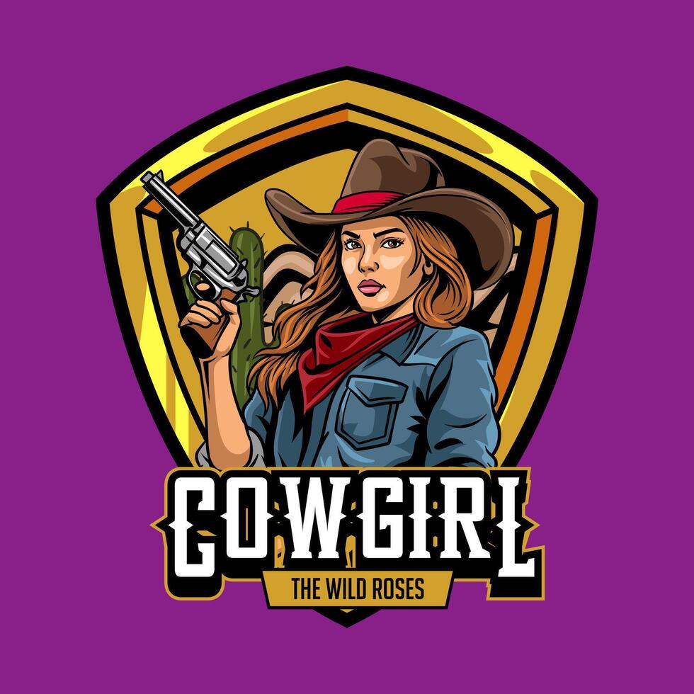 Cowgirl Wrangler holding gun in Badge Logotype Illustration for flyer, social media, web pages, print media, greeting card, invitation, banner, t-shirt design vector