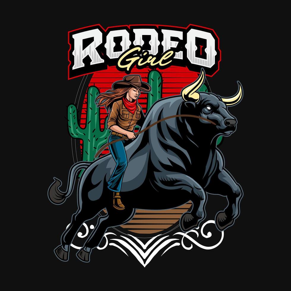 Cowgirl Riding Bull Illustration for poster, flyer, social media, web pages, print media, greeting card, invitation, banner, t-shirt design vector