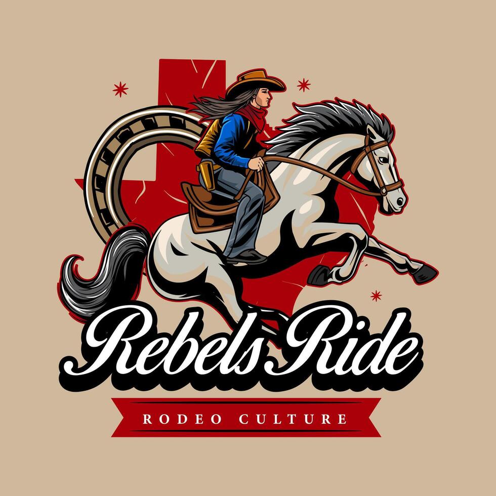 Cowgirl Rodeo Culture Riding Horse in Western Illustration for poster, flyer, social media, web pages, print media, greeting card, invitation, banner, t-shirt design vector