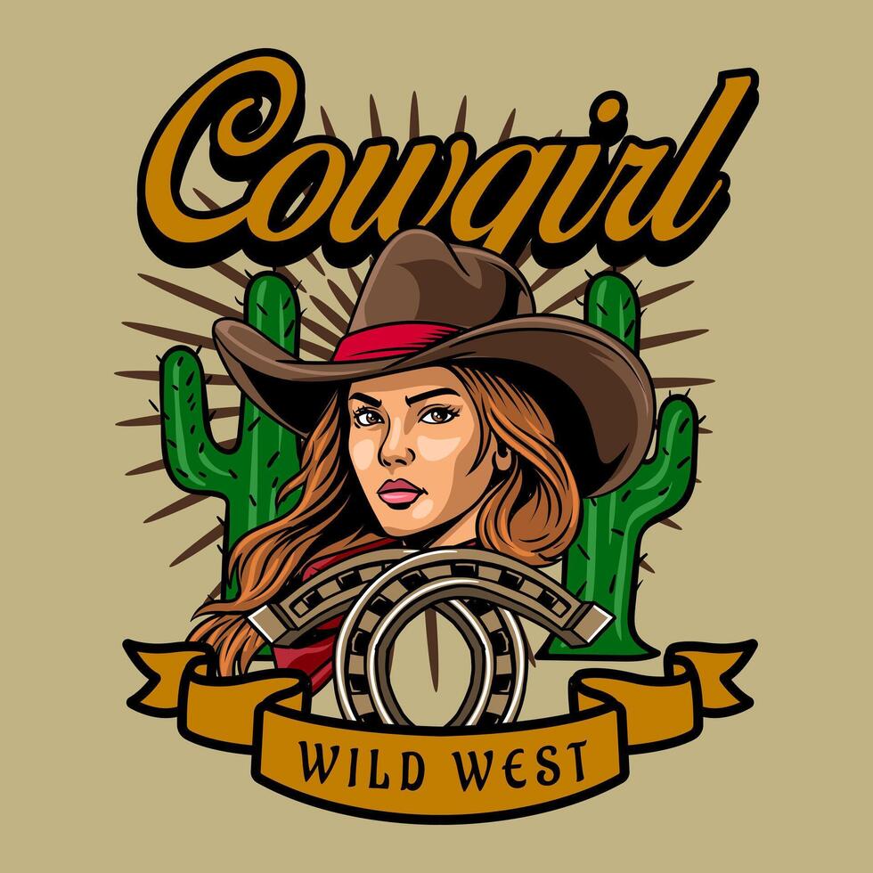 Cowgirl Wild West Vintage Illustration for poster, flyer, social media, web pages, print media, greeting card, invitation, banner, t-shirt design vector