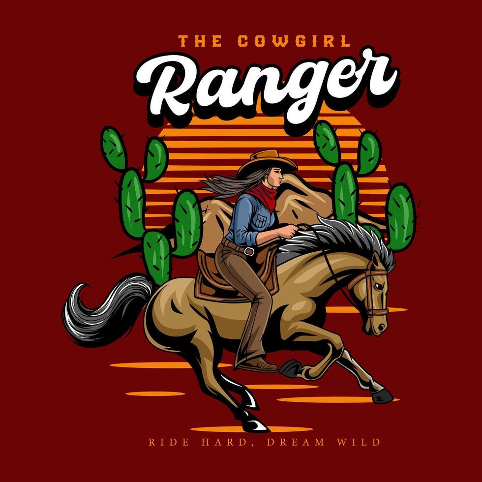 Cowgirl Ranger Riding Horse in Western Vintage Illustration for poster, flyer, social media, web pages, print media, greeting card, invitation, banner, t-shirt design vector