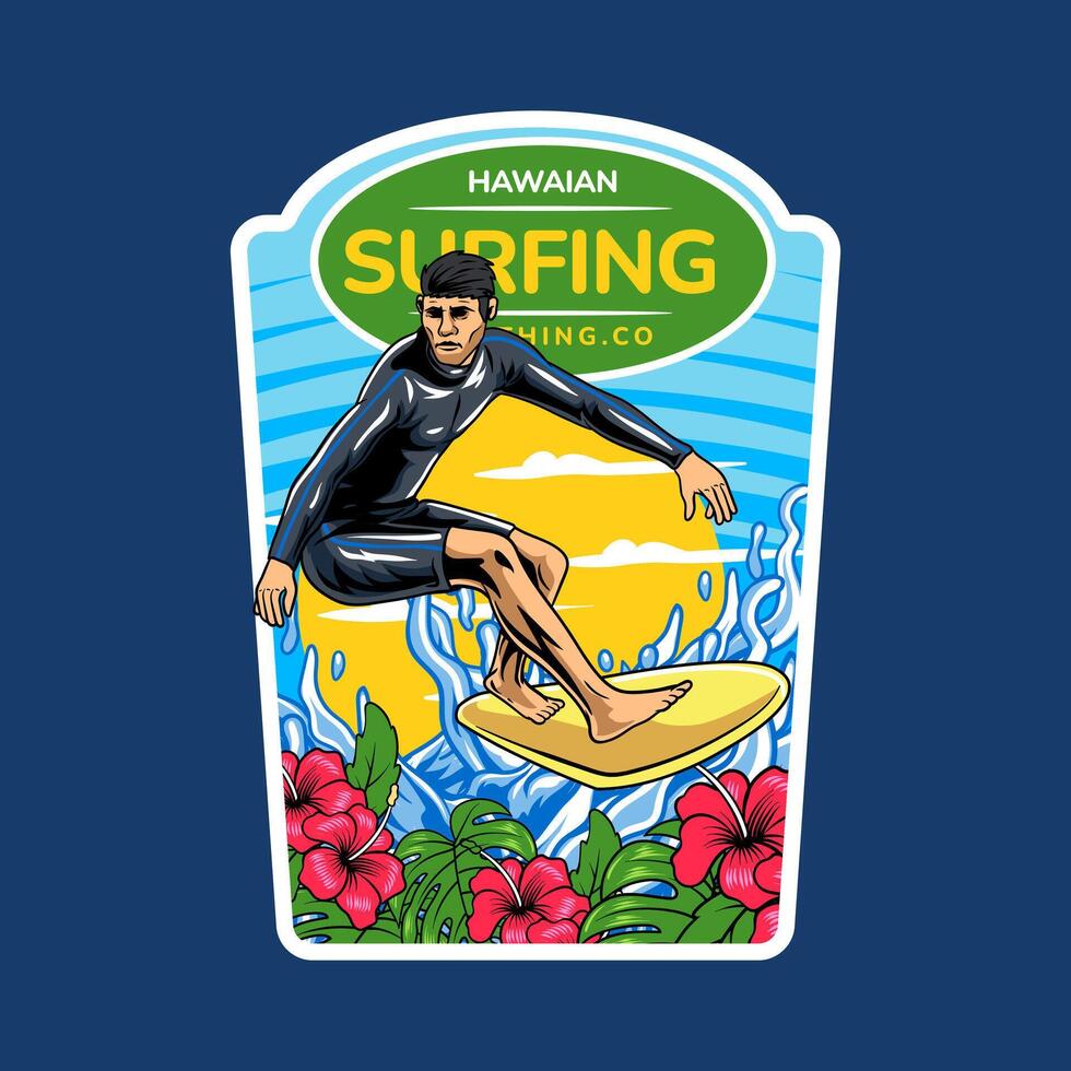 Surfing Man in Hawaii Island Mascot Cartoon Character Illustration for sticker, badge, patch, banner, greeting card, invitation vector