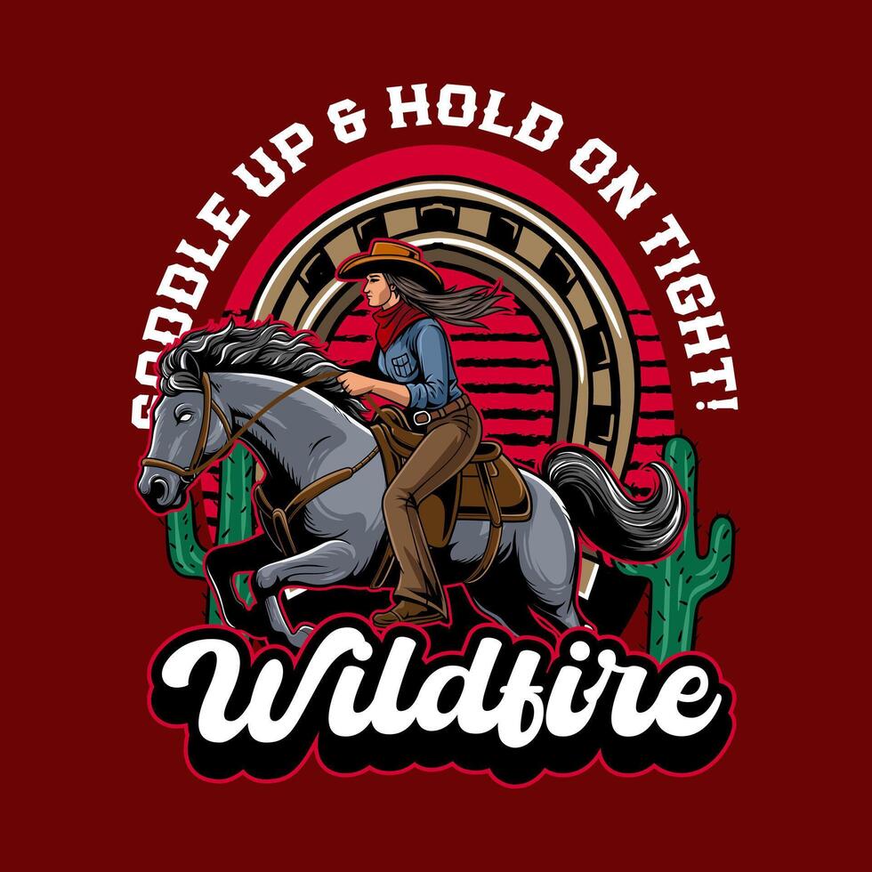 Cowgirl Riding Horse in Western Vintage Illustration for poster, flyer, social media, web pages, print media, greeting card, invitation, banner, t-shirt design vector