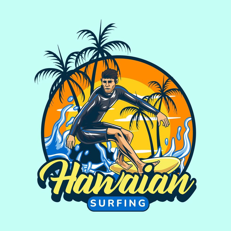 Surfing Man in Sunset Hawaii Island Character Illustration for sticker, badge, patch, banner, greeting card, invitation vector