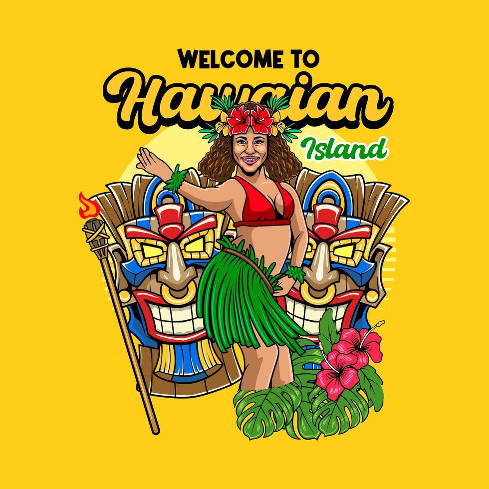 Hula Dancer Girl Hawaiian Mascot Cartoon Character Illustration vector