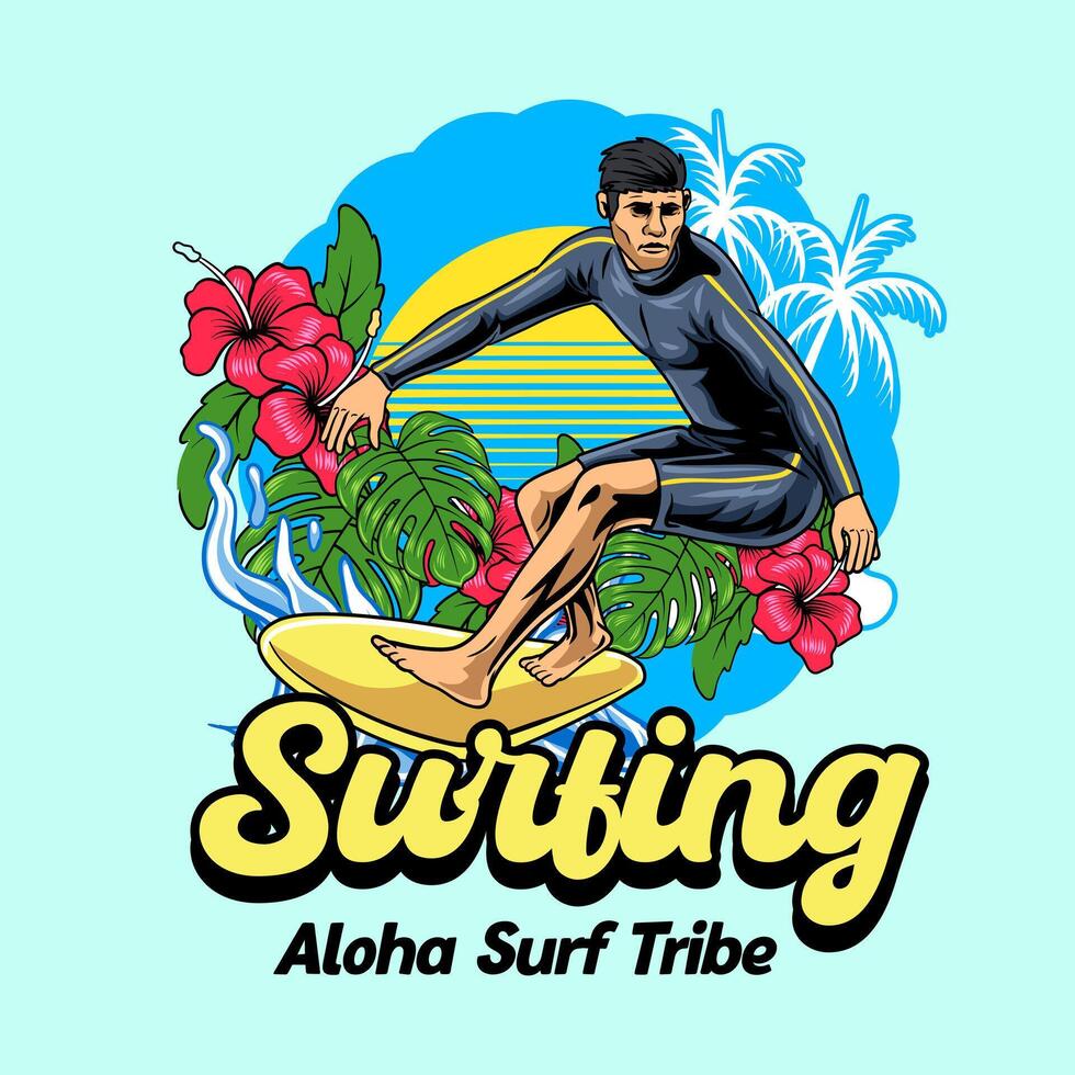 Surfing Man Aloha Paradise Mascot Cartoon Character Illustration vector