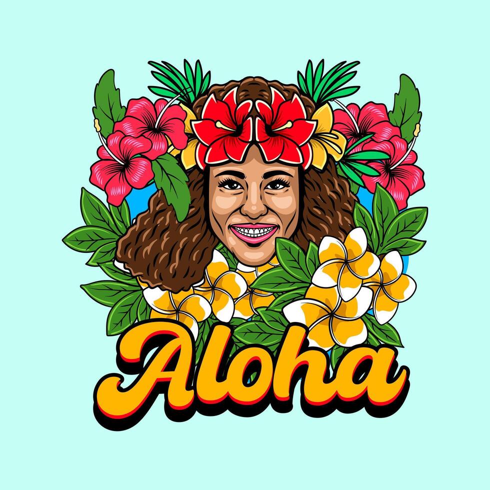 Smiling Cute Hula Girl Aloha Hawaii Character Illustration for sticker, badge, patch, banner, greeting card, invitation vector