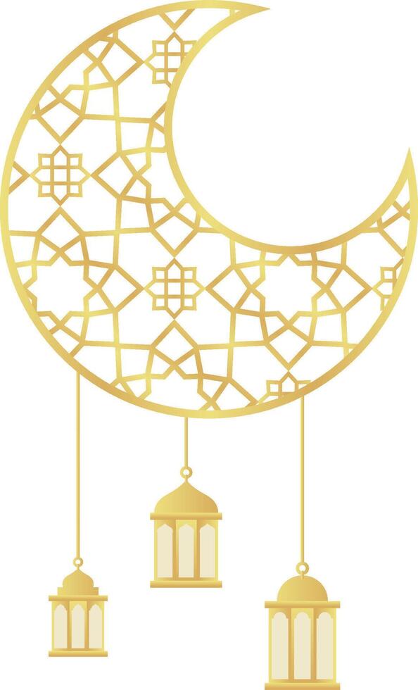 Big Gold Gradient Crescent with Star Minimalist Islamic Pattern and Three Islamic Lantern Element for Ramadan vector