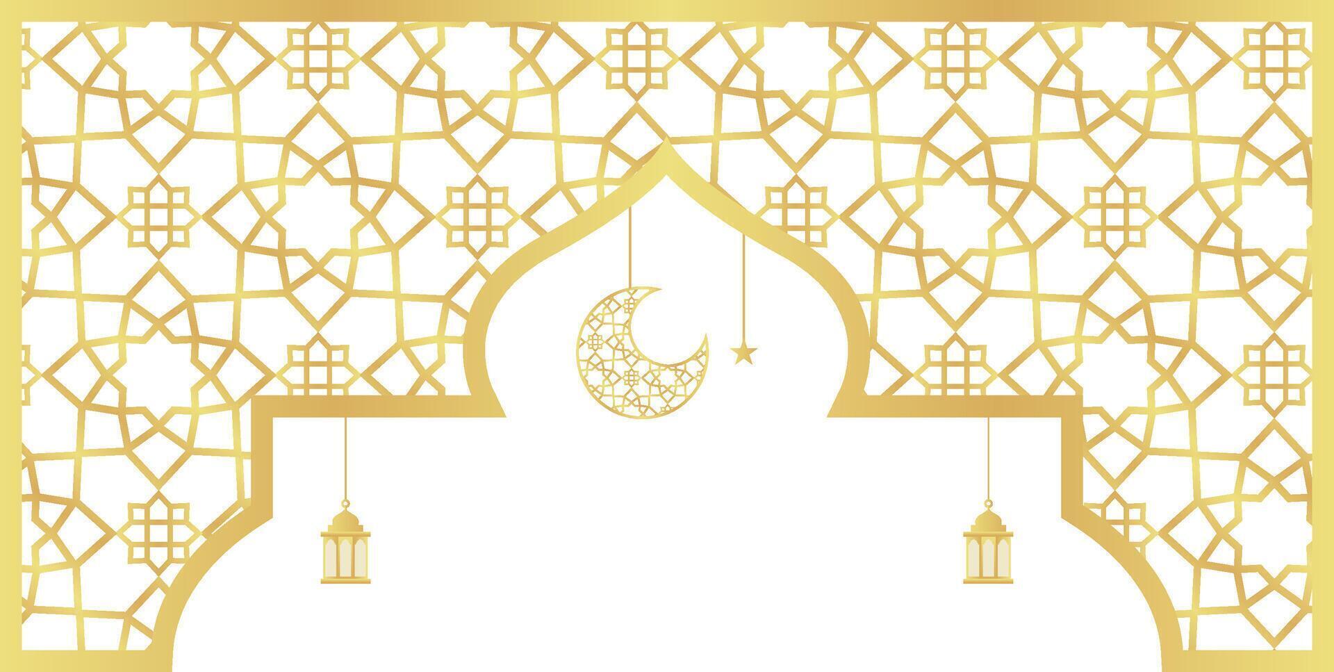 Header Gold Gradient with Islamic Pattern Oriental Style Islamic Frame Arches with Modern Boho Mosque Dome with Crescent Star and Lantern vector