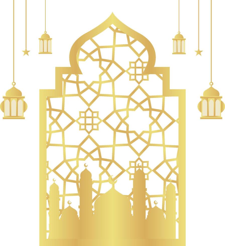 Gold Gradient with Islamic Pattern Oriental Style Islamic Frame Arches with Modern Boho Mosque with Star and Lantern vector