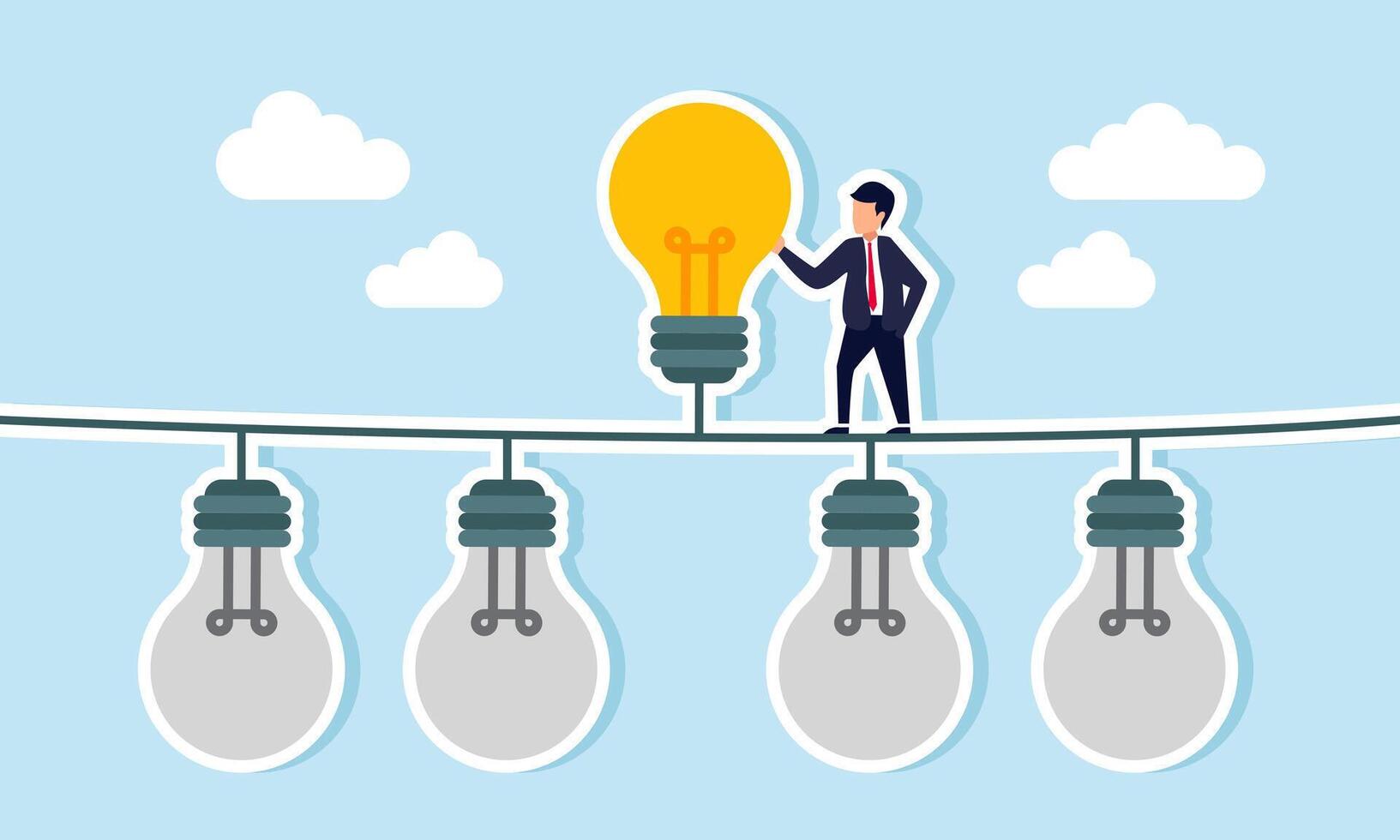 A businessman stands beside a lit lamp among several turned-off lamps, illustration of choosing and deciding to use the right idea and innovation for a company business vector