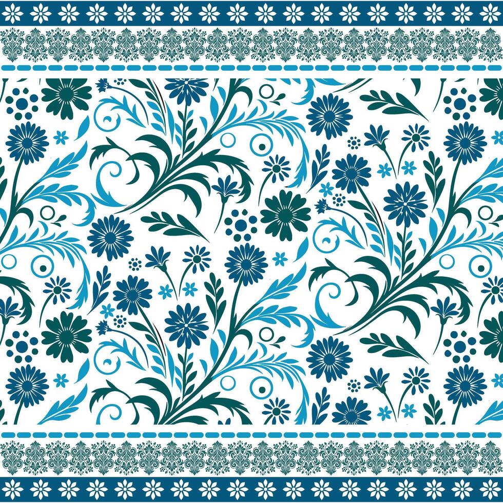 wild flowers seamless pattern with repeat border embroidery for fabric and bedding vector