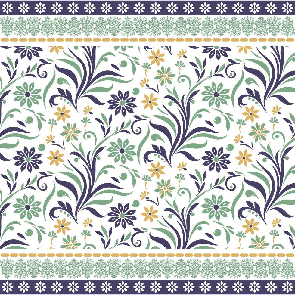 beautiful repeat floral pattern with ethnic border design for seamless wallpaper print vector