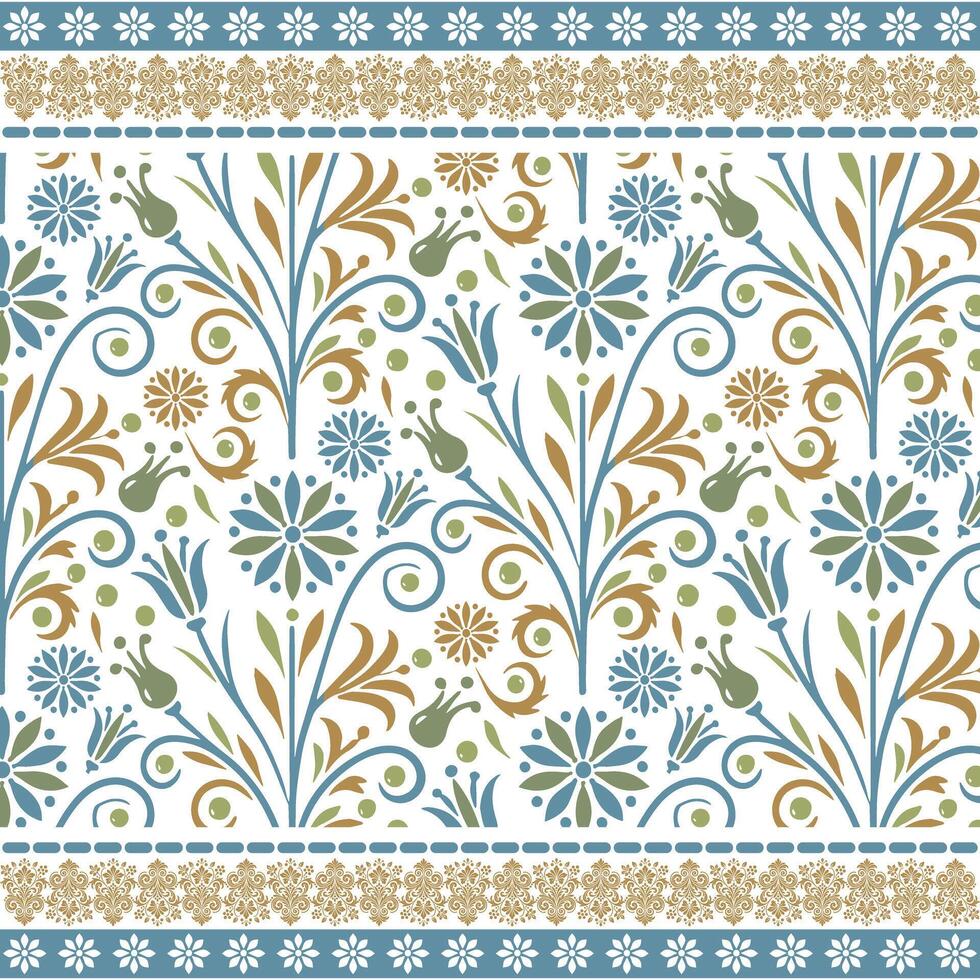 seamless repeat floral pattern with geometric ethnic border for cushion and fabric design vector