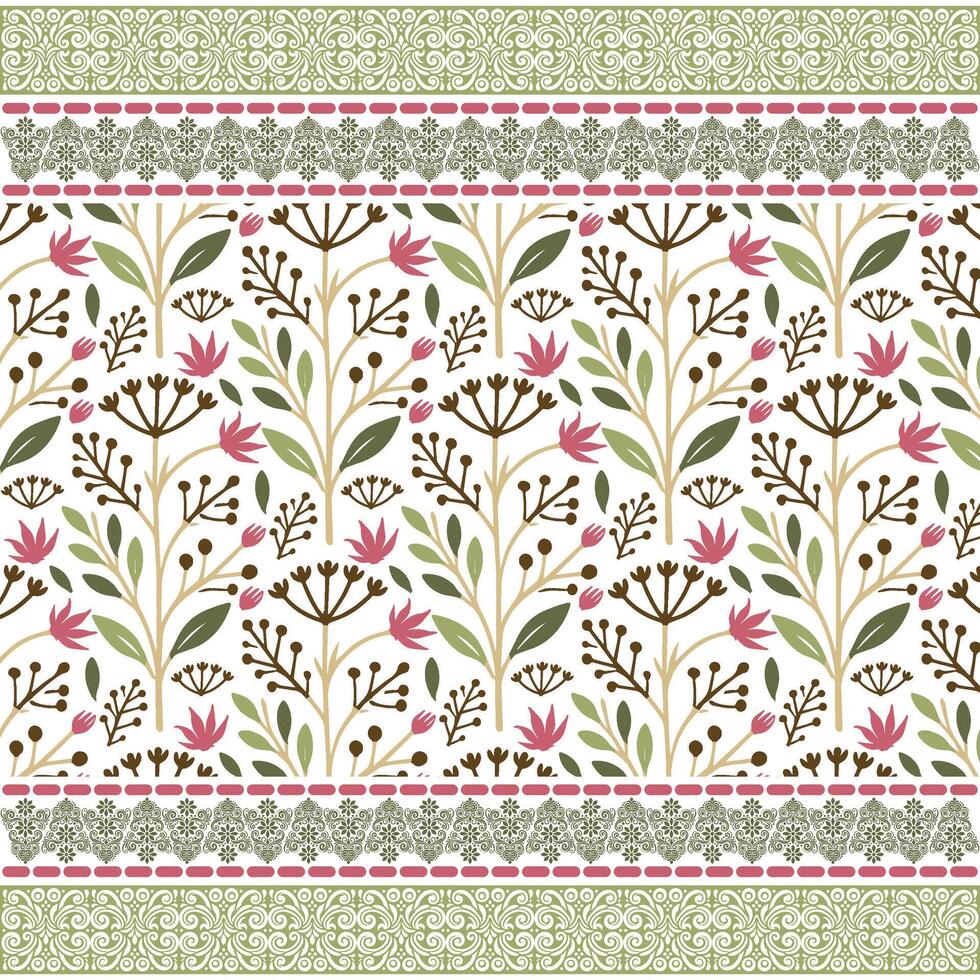 digital fabric print with ornamental floral pattern and seamless border design vector