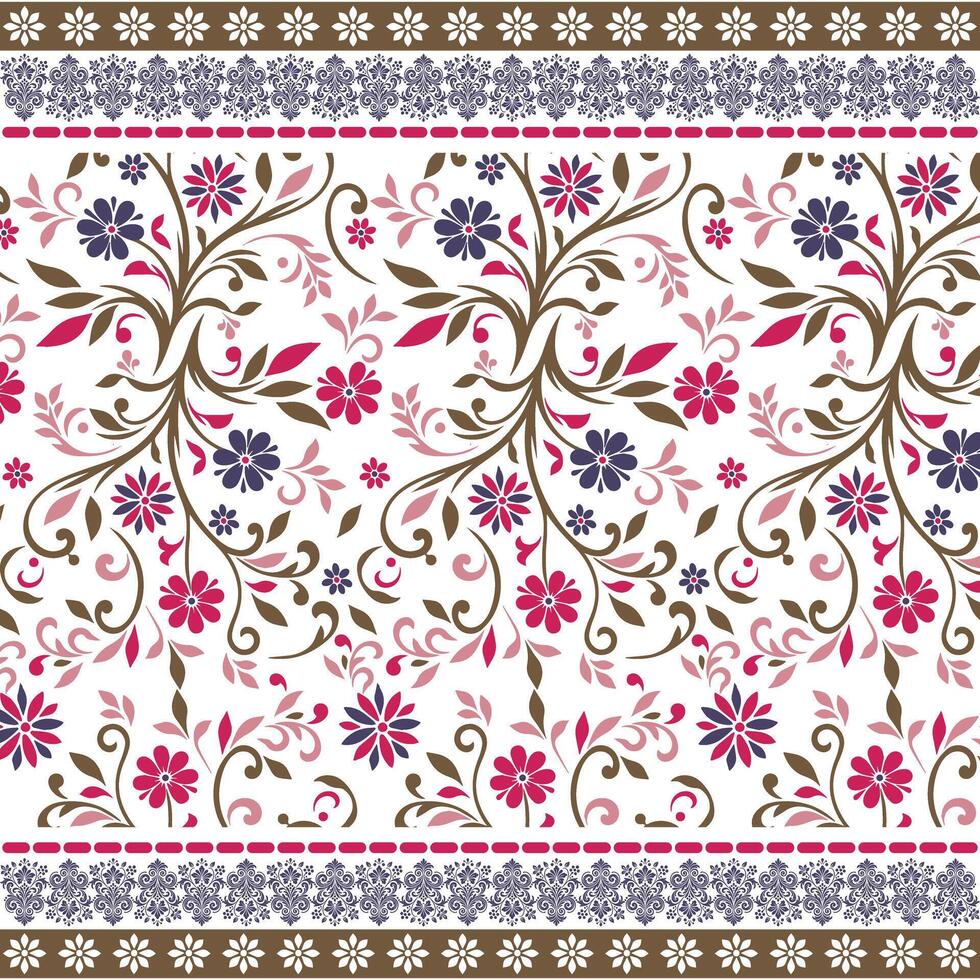 beautiful floral pattern with ethnic border seamless design for fabric and textile print vector