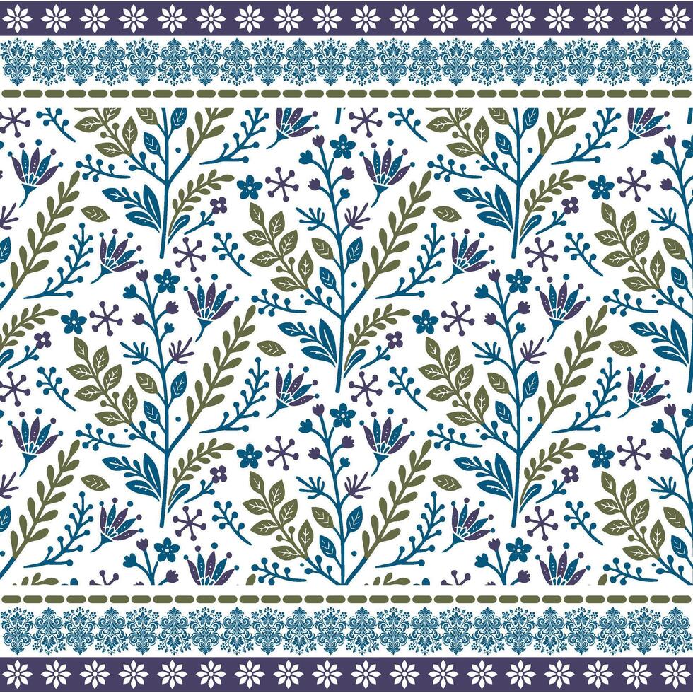 seamless botanical pattern with indian painting style floral border for print on demand vector