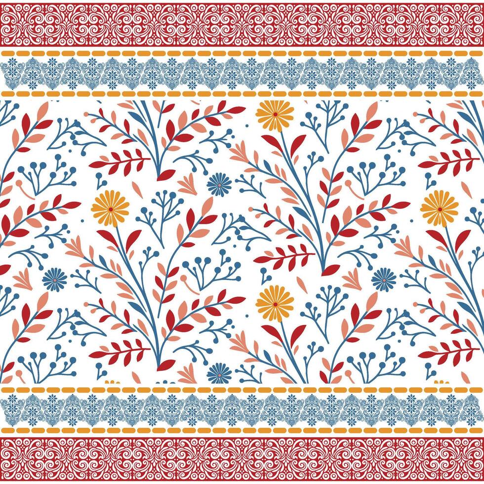 indian painting style floral pattern with intricate ornamental art for bedding and apparel vector
