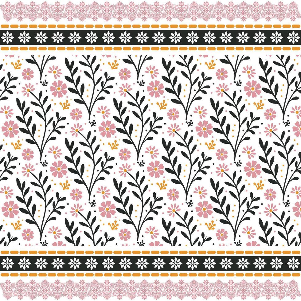 stunning floral print design with geometric ethnic border for bedding and apparel vector