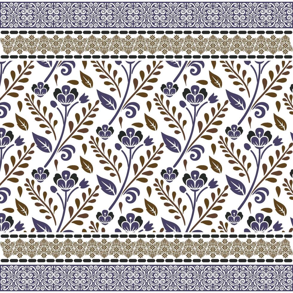 bed sheet texture with repeat floral pattern and ethnic border design for textile graphics vector