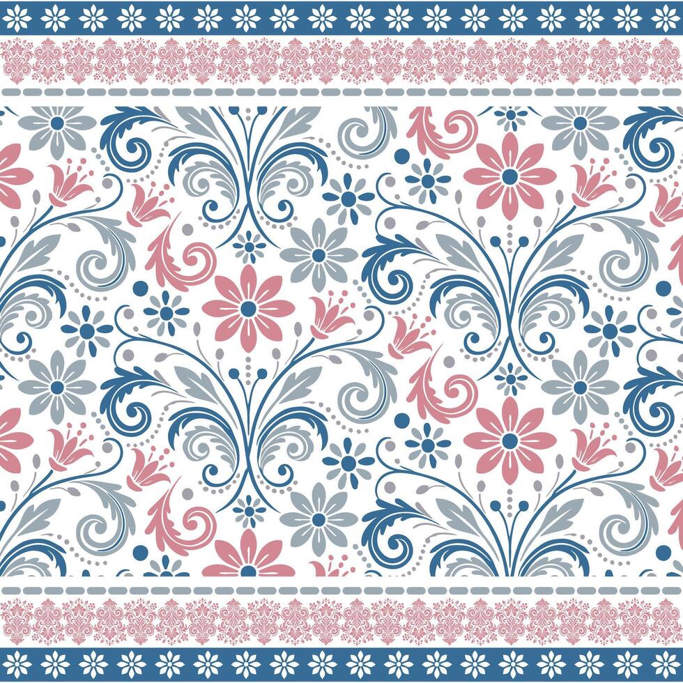 intricate ornamental art floral pattern with ethnic border for wallpaper and textile vector