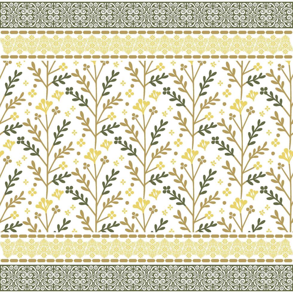 digital fabric print with ornamental floral pattern and geometric ethnic border vector
