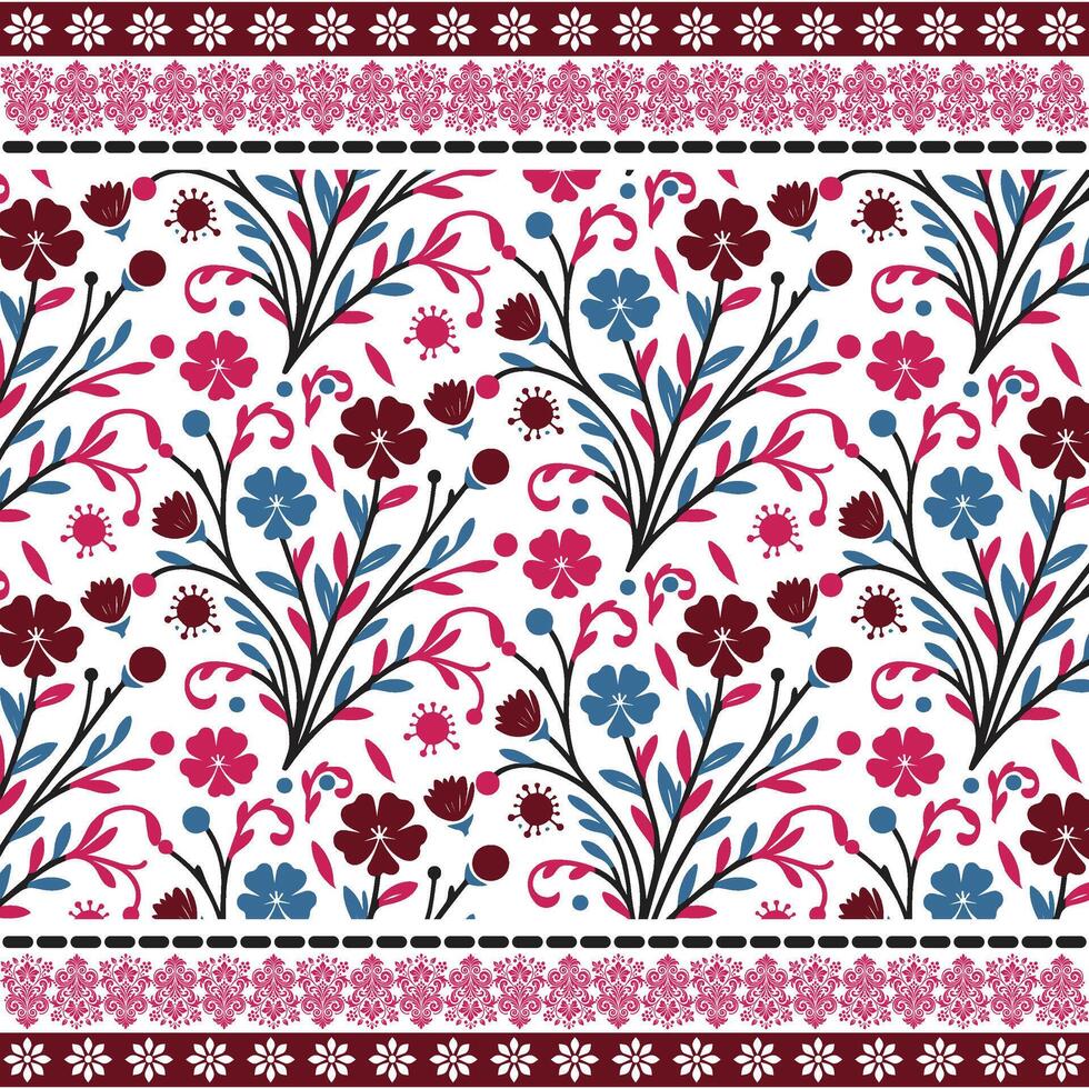 repeat floral pattern with ornamental art inspired border for wallpaper and fabric print vector