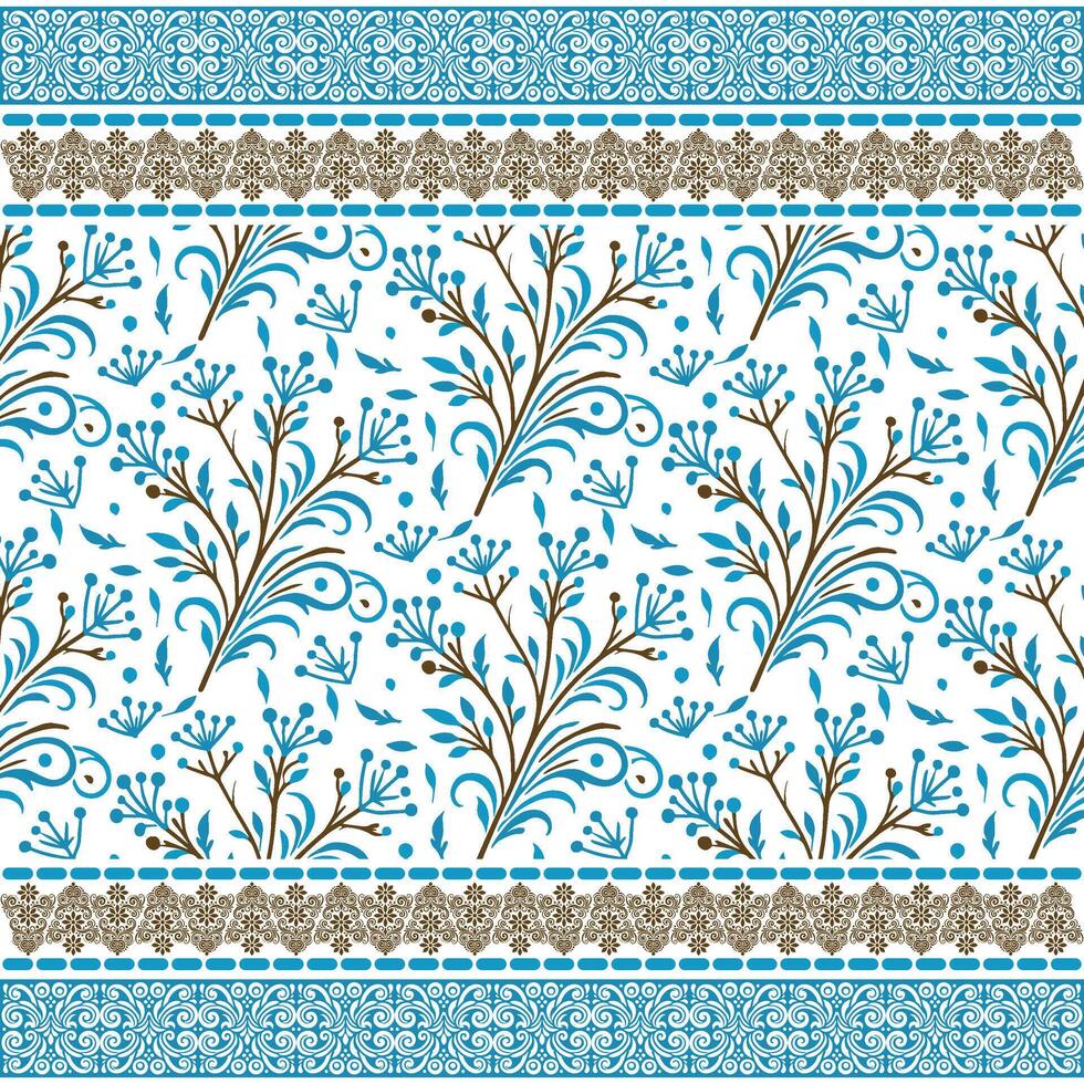 intricate repeat floral pattern with traditional indian border embroidery for textile print vector
