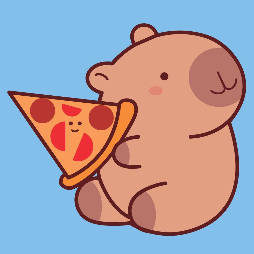 The cute capybara character, the rodent, capybara eating pizza on blue background. kawaii capybara vector