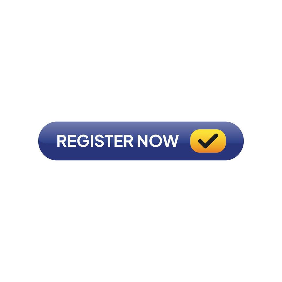 A blue button with the words register now vector