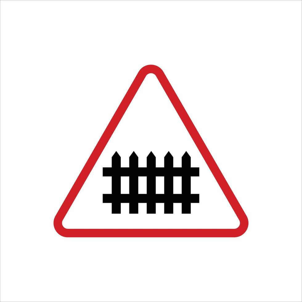 A red and black triangle sign with a fence in the middle vector