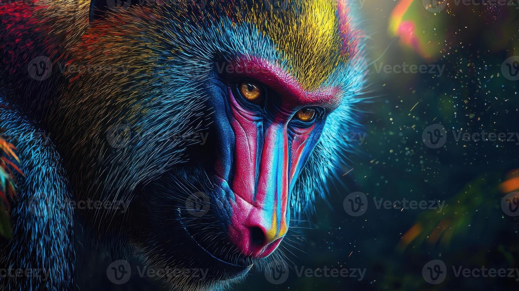 A colorful monkey with a bright pink nose photo
