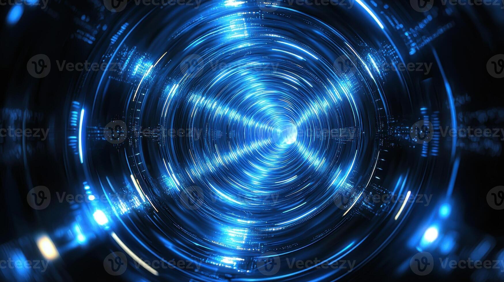 Abstract blue tunnel with lights and a glowing light photo