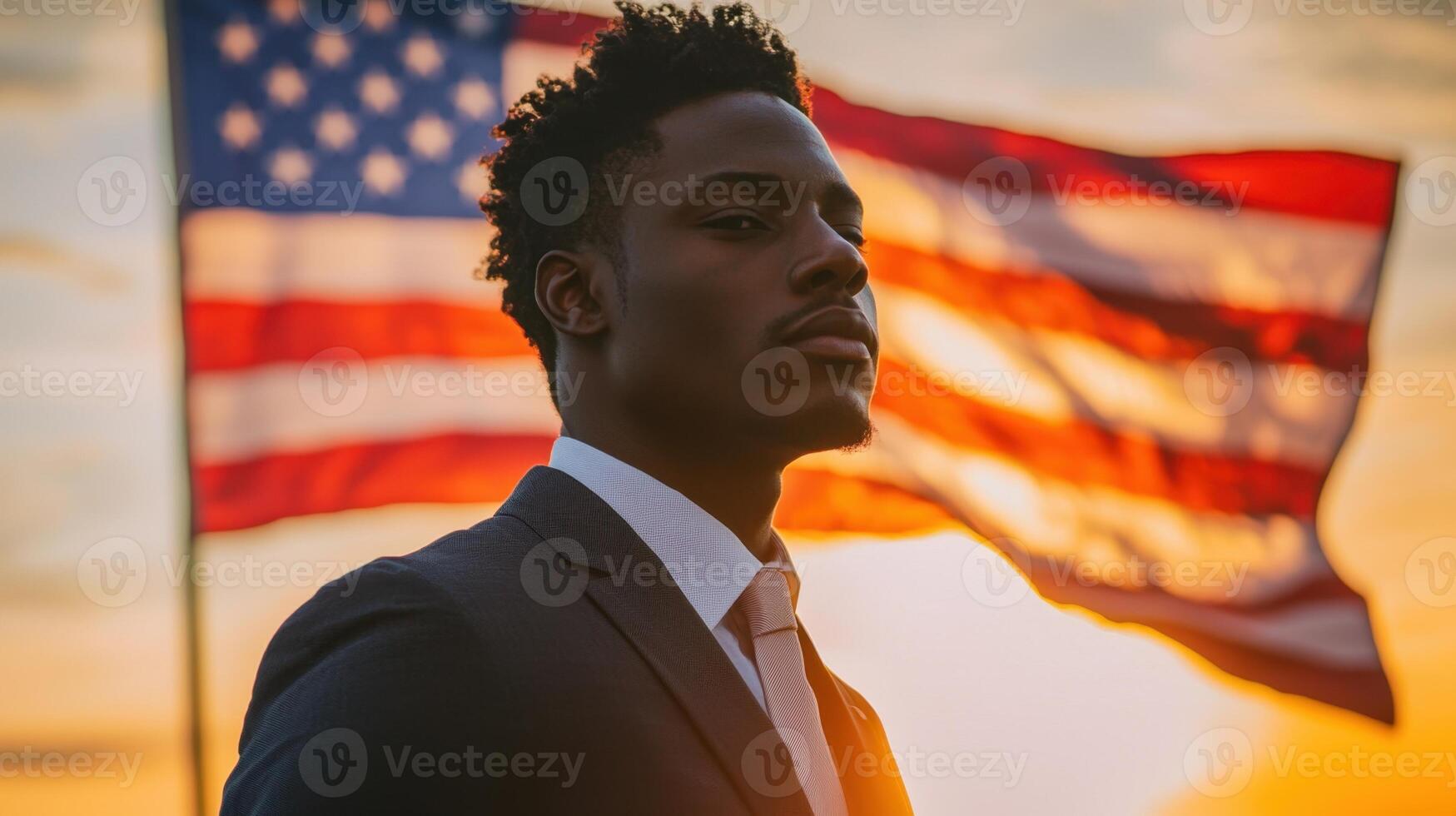 A confident man in formal attire poses with an American flag waving behind him as the sun sets. The warm colors of twilight enhance the proud atmosphere of the moment photo