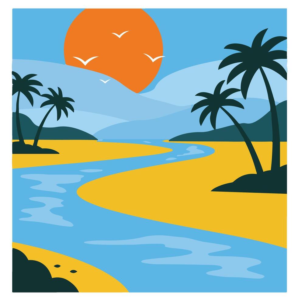 Sunny Seaside Landscape Featuring Hills, Water, and Palms vector