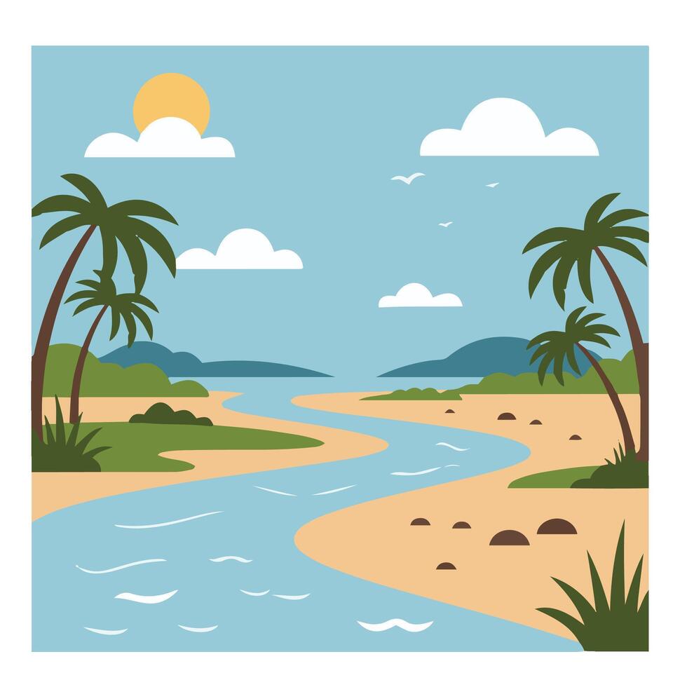 Sunny Seaside Landscape with Winding River and Palm Shade vector