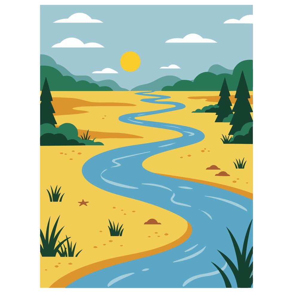 Sunny Seaside Landscape with Flowing Water and Palm Leaves vector