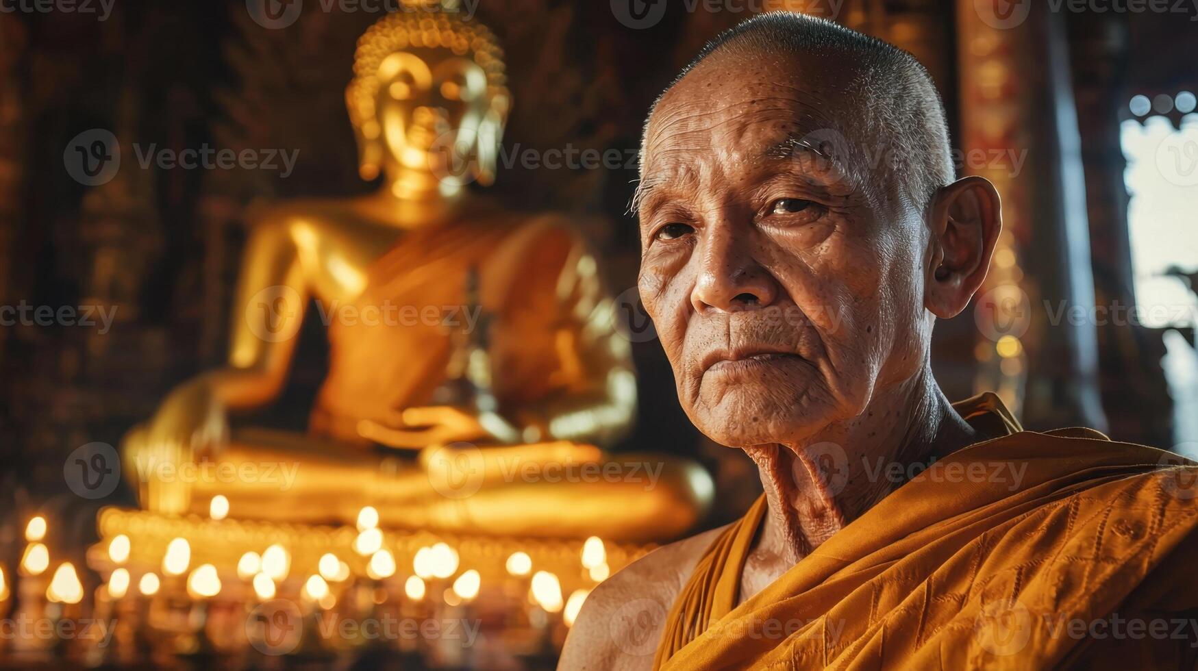 An old monk in front of a golden buddha photo